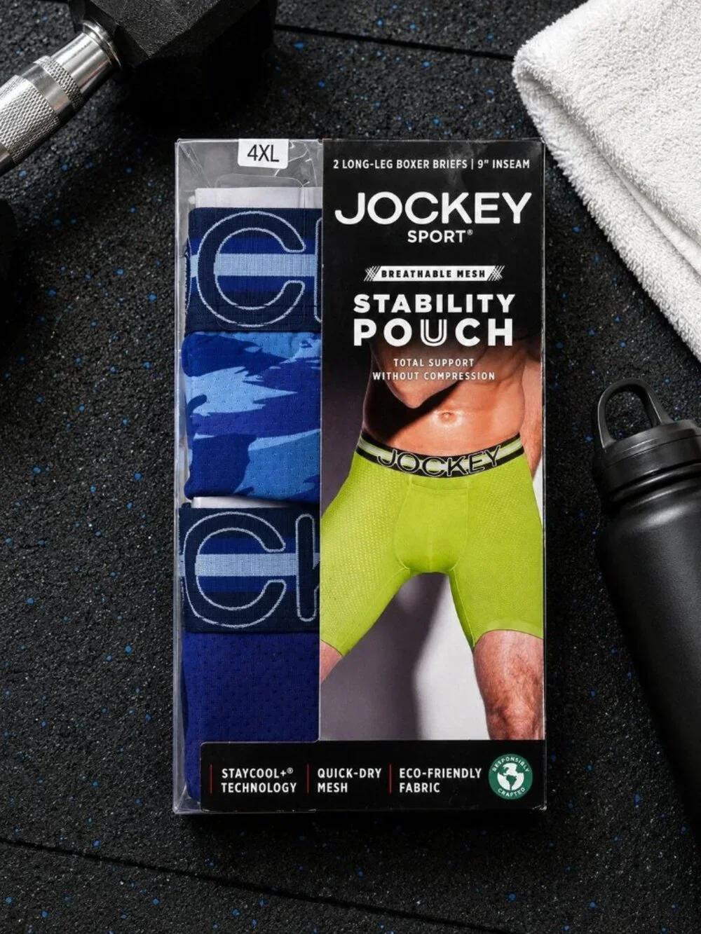 Jockey Sport Mens 4XL Long-Leg Boxer Briefs 2-Pack w Stability Pouch 9